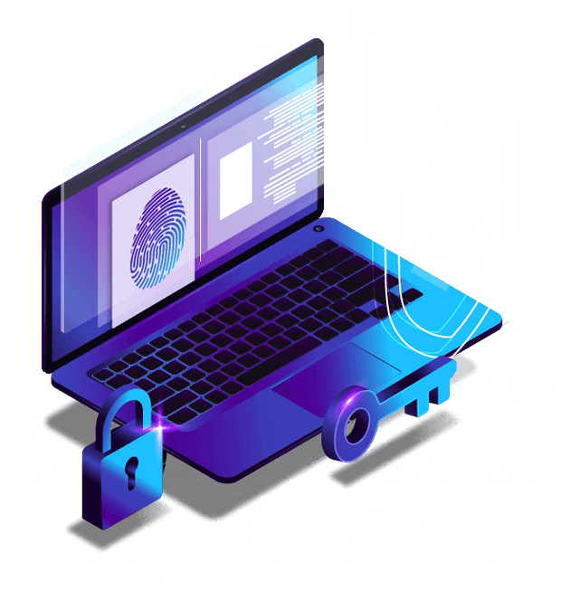 IT consulting service illustration with laptop, fingerprint, key, and security symbol.