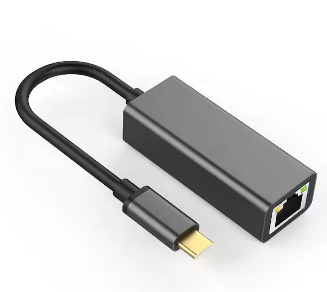 USB-C to Ethernet adapter with aluminum case for 1000 Mbps LAN connection.