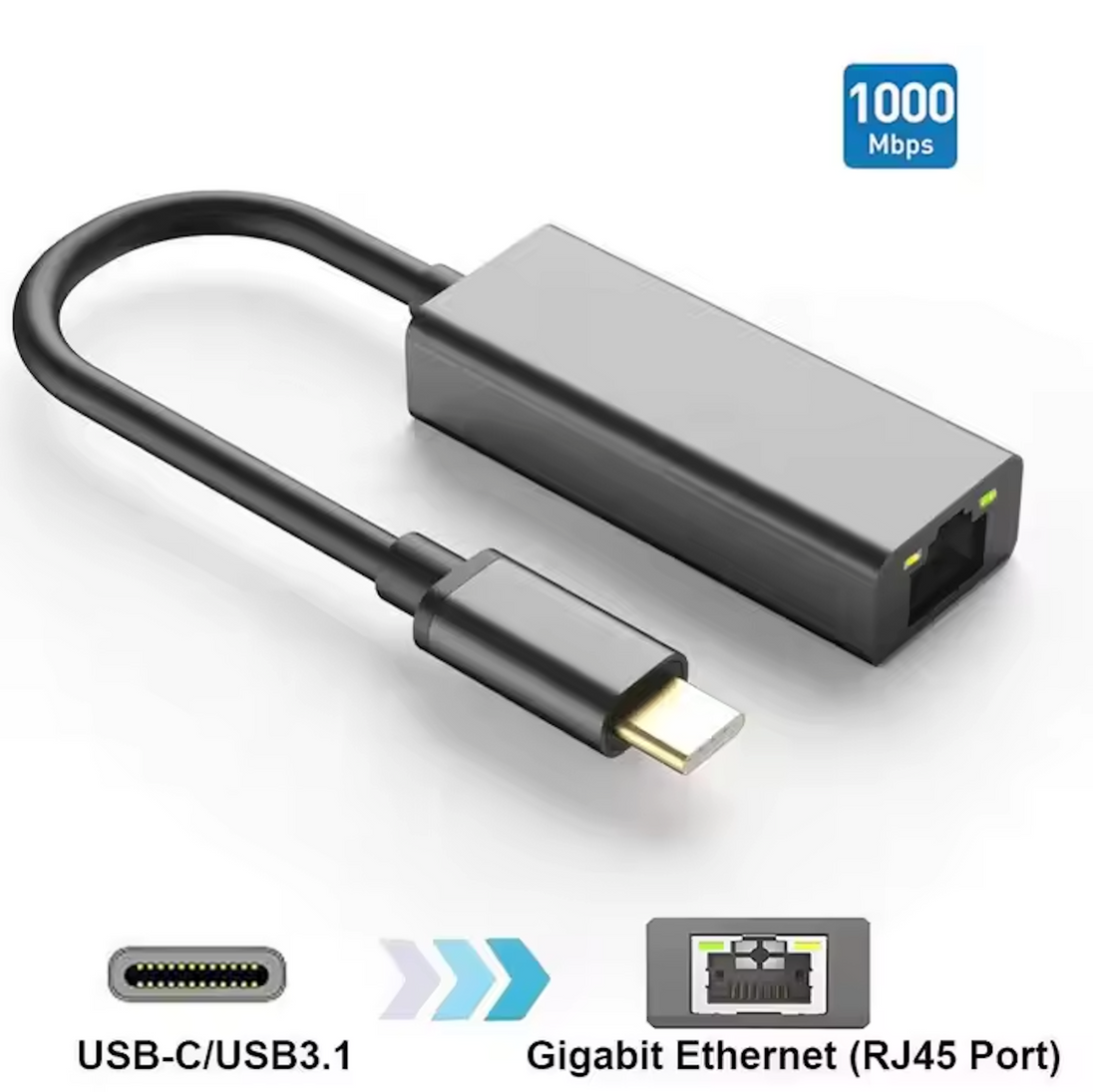 USB-C to Ethernet Adapter with Gigabit RJ45 port for 1000 Mbps LAN wired connection.