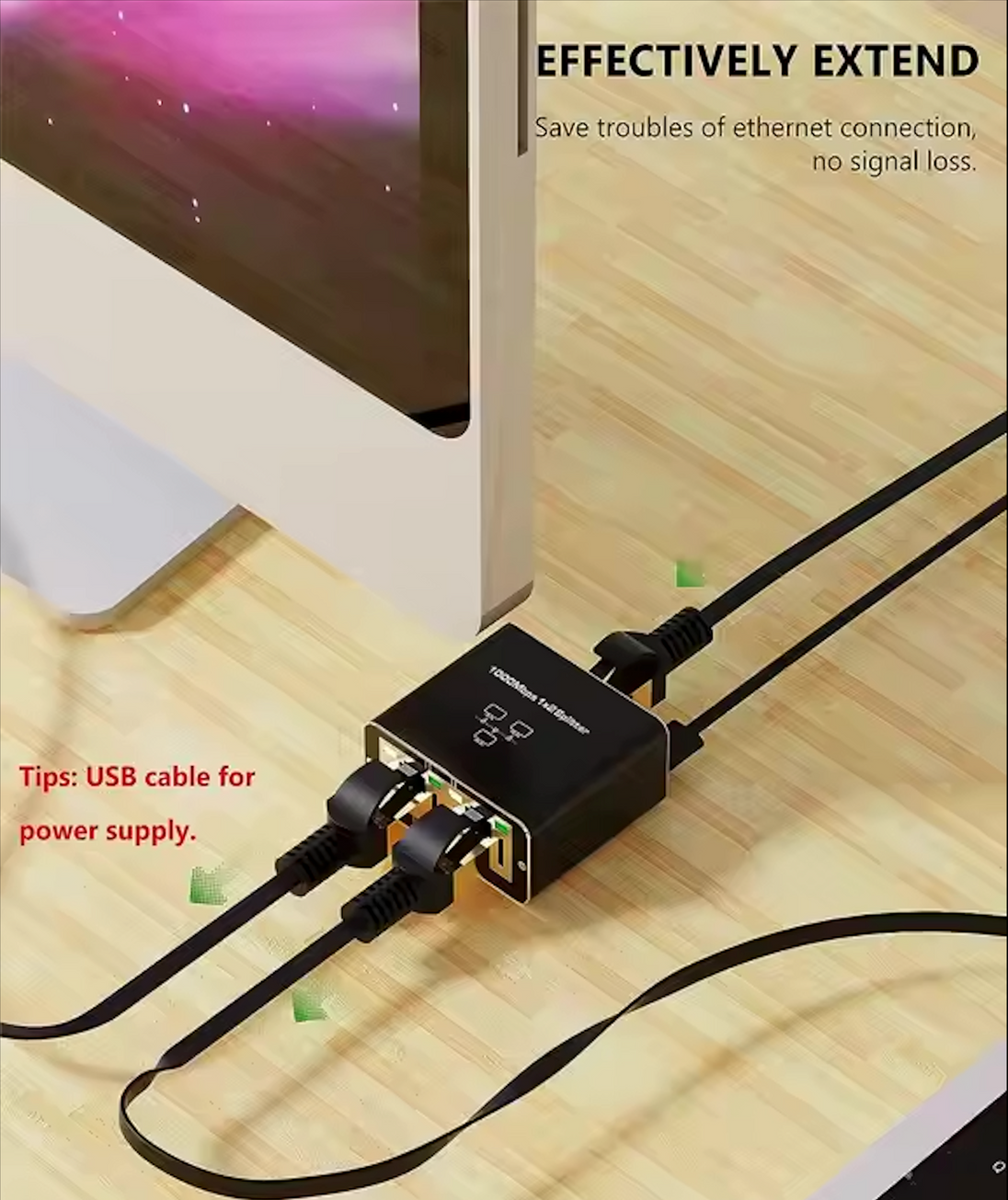 Gigabit Ethernet splitter with dual RJ45 ports and USB power cable, connected to two devices for high-speed 1000Mbps internet.